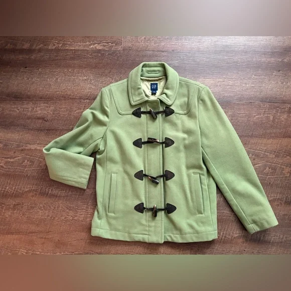 GAP Y2K apple green wool blend duffle coat toggle buttons preppy women’s L EUC - Picture 8 of 16